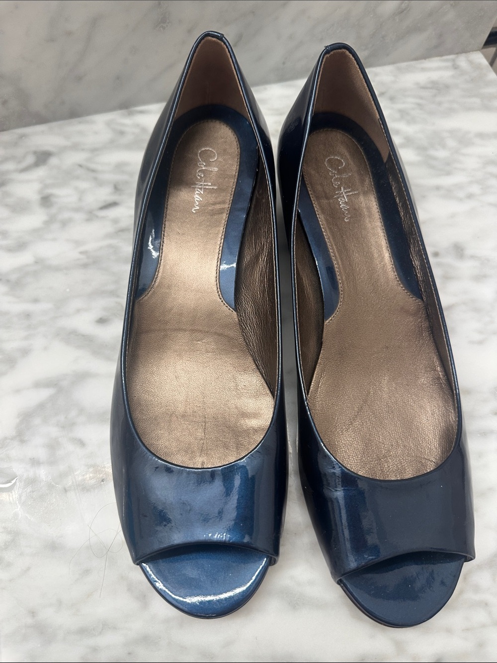 Cole Haan Nike Navy Patent Leather Peep-Toe Wedge Pumps - Picture 2 of 12